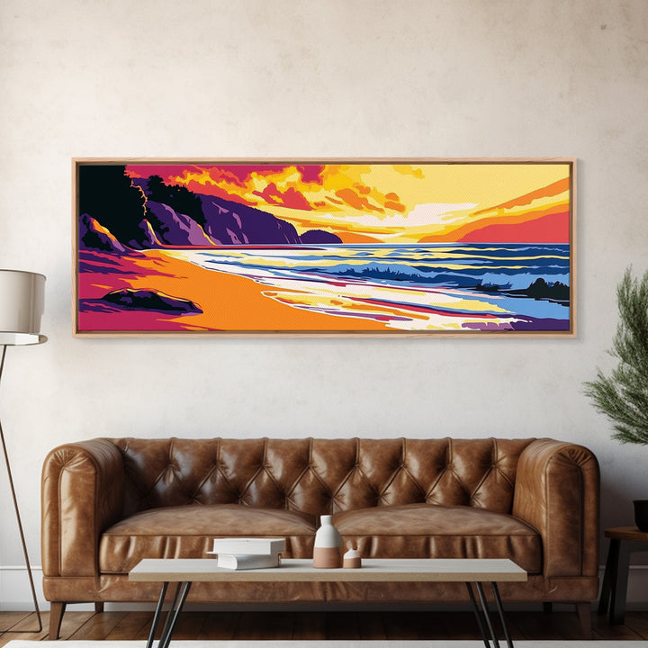 Ocean Shore, Vibrant Sunset, Golden Beach, Coastal Landscape, Canvas Print, Beach House Decor, Nautical Wall Art, Relaxing Aesthetic