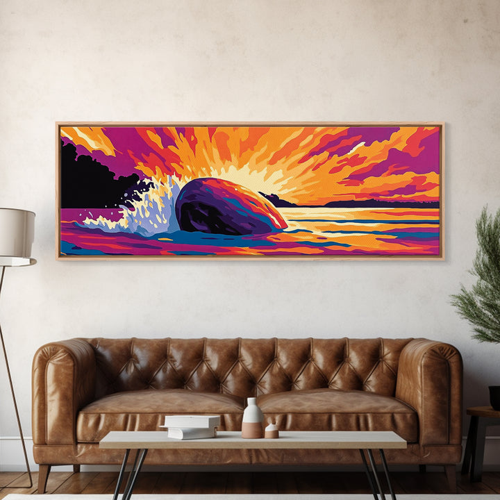 Ocean Splash, Vibrant Sunset, Coastal Energy, Bold Colors, Framed Canvas Print, Nautical Wall Art, Living Room Art, Dynamic Seascape