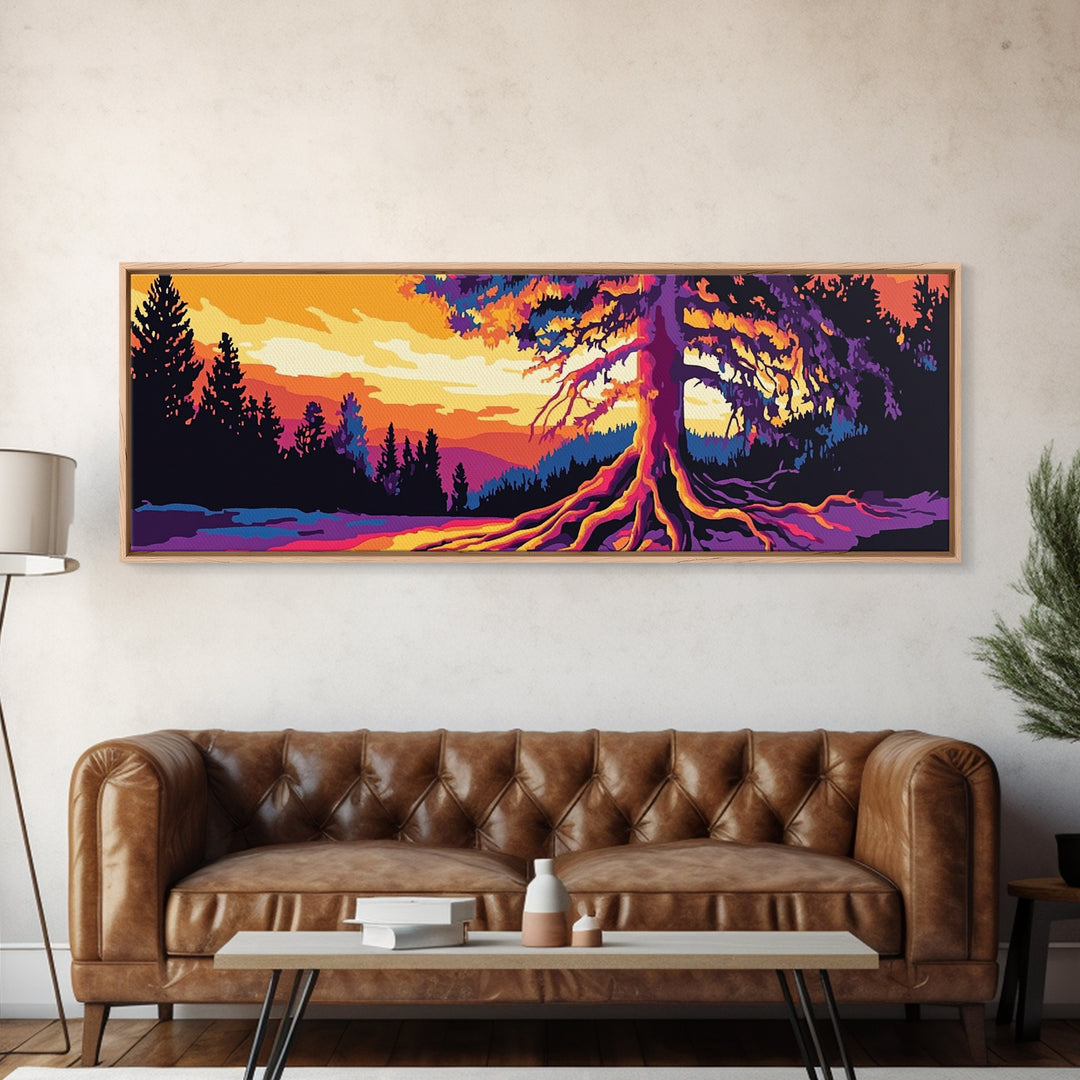 Vibrant Tree, Sunset Art, Framed Canvas Print, Nature Wall Decor, Psychedelic Art, Boho Landscape, Large Wall Art, Office Decor