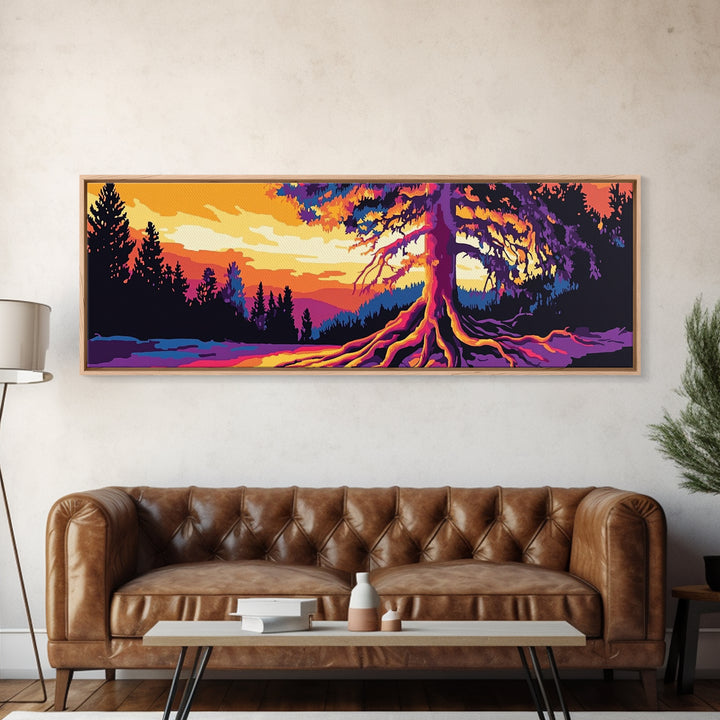 Vibrant Tree, Sunset Art, Framed Canvas Print, Nature Wall Decor, Psychedelic Art, Boho Landscape, Large Wall Art, Office Decor