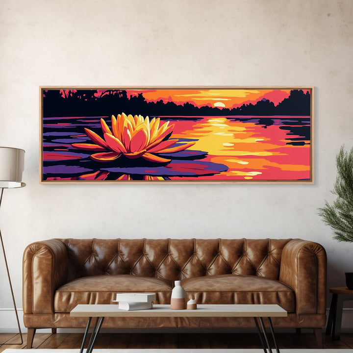 Water Lily, Tranquil Lake, Framed Canvas Print, Serene Nature Art, Zen Wall Decor, Sunset Reflection, Large Artwork, Bathroom Wall Art