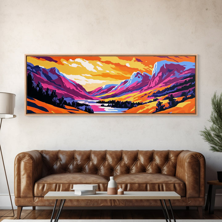 Sunset Valley, Majestic Peaks, Vibrant Nature, Framed Canvas Print, Outdoor Wall Art, Bohemian Landscape, Living Room Decor, Wanderlust