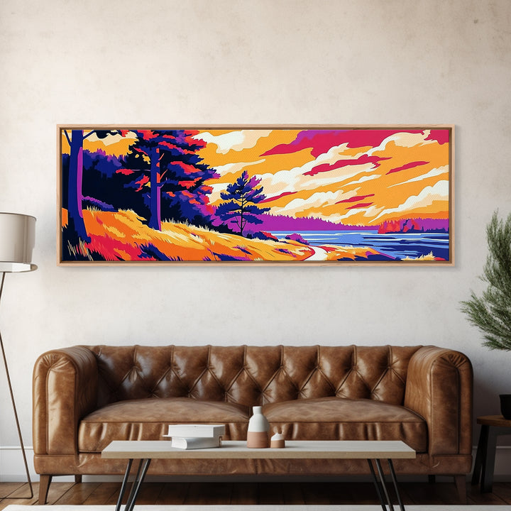 Pine Forest, Riverbank Glow, Scenic Sunset, Canvas Print, Rustic Nature Wall Art, Cabin Decor, Living Room Artwork, Tranquil Retreat