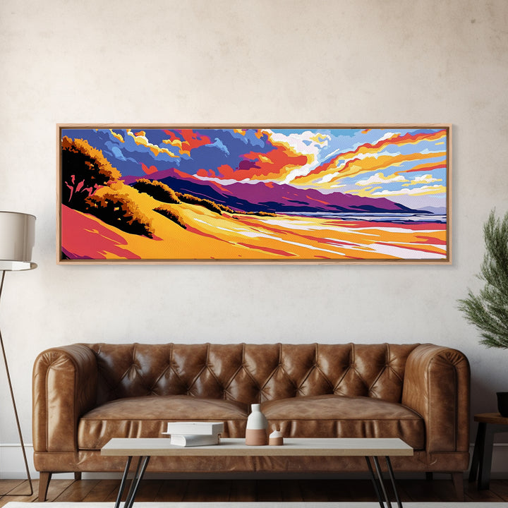 Golden Dunes, Mountain Backdrop, Vibrant Sunset, Framed Canvas Print, Boho Earthy Art, Modern Living Room Decor, Southwest Aesthetic