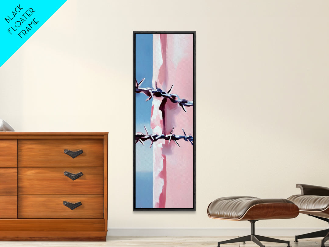 Barbed Wire Closeup, Modern Western, Pink and Blue Art, Framed Canvas Print, Minimalist Wall Art, Rustic Decor, Entryway Wall Art