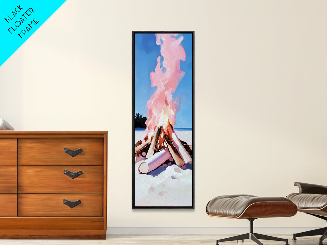 Bonfire Glow, Beach Campfire, Pink Flame Art, Framed Canvas Print, Coastal Decor, Warm Aesthetic, Living Room or Bedroom Wall Art