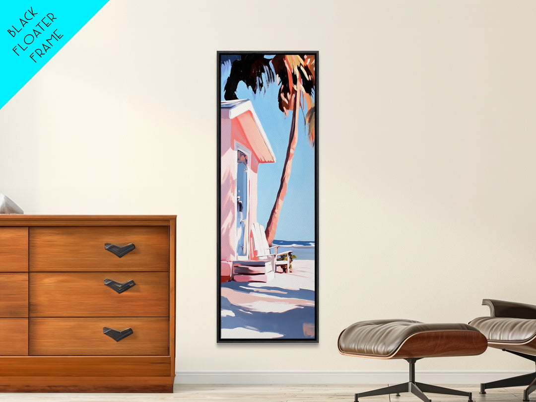 Pink Beach House, Coastal Retreat, Palm Tree Art, Framed Canvas Print, Tropical Decor, Modern Minimalist, Vacation Vibes, Wall Art