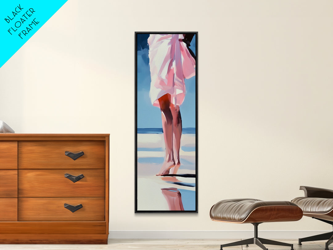 Barefoot Beach Walk, Pink Dress, Coastal Elegance, Framed Canvas Print, Summer Art, Bedroom or Entryway Decor, Relaxing Aesthetic