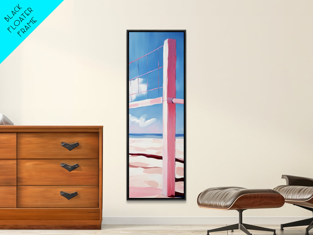 Beach Volleyball Net, Summer Fun, Pink Aesthetic, Framed Canvas Print, Modern Minimalist, Coastal Sports, Vacation Home Wall Art