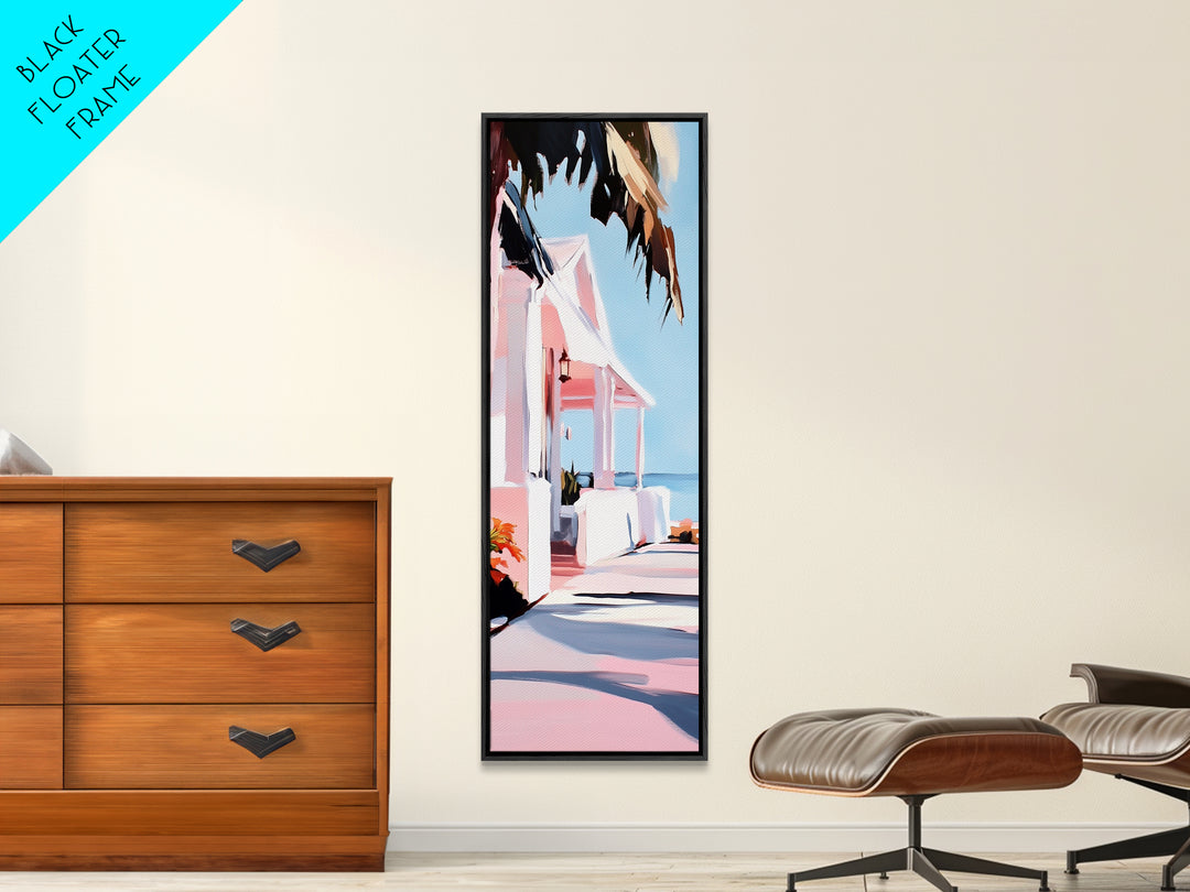 Beach House, Oceanfront Living, Coastal Home, Framed Canvas Print, Tropical Wall Art, Soft Pastel Aesthetic, Living Room Wall Art