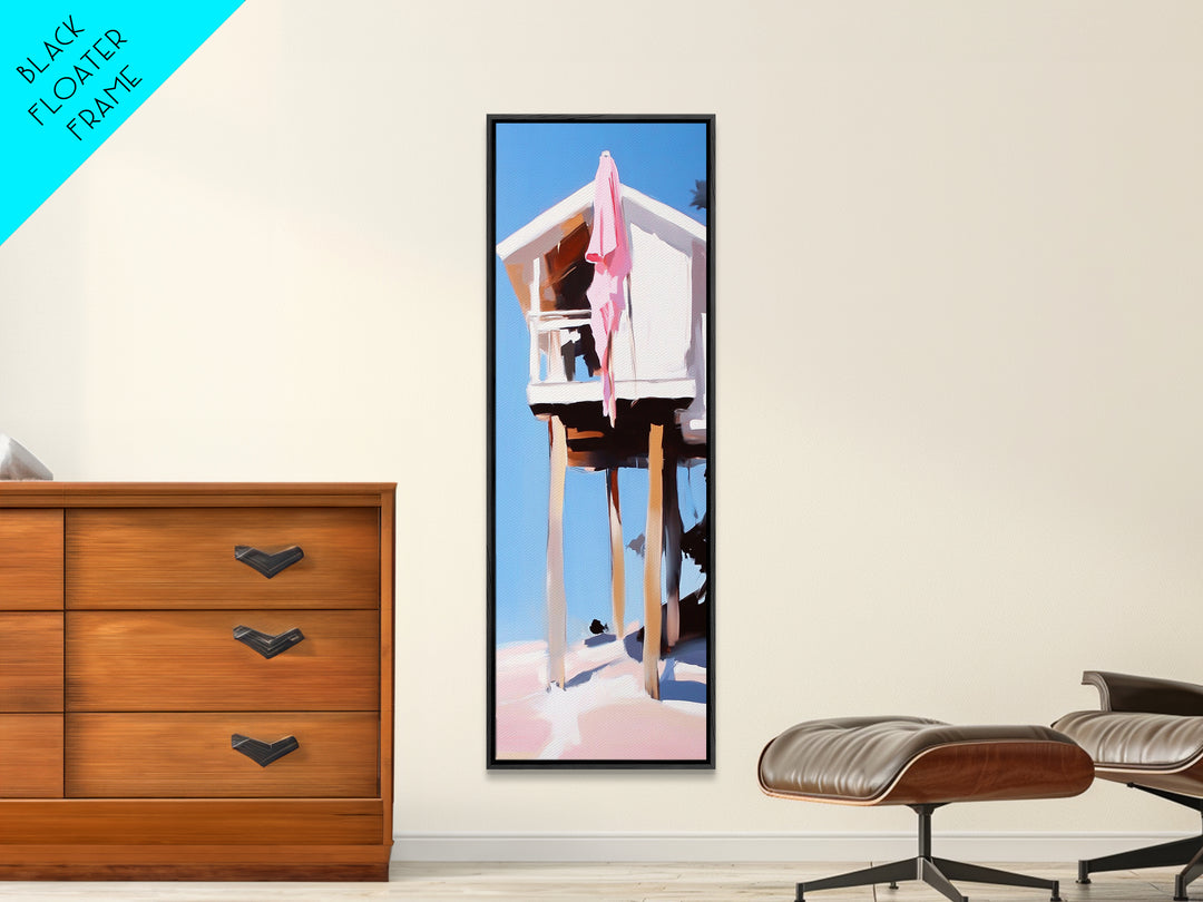 Beach Hut, Coastal Home, Seaside Escape, Nautical Decor, Ocean View, Warm Pastels, Beach House Art, Framed Canvas Print