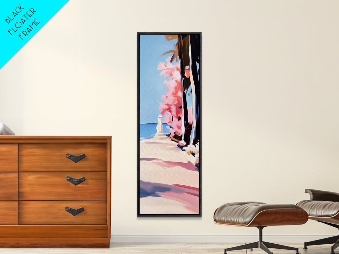 Coastal Walk, Pink Blossom, Vibrant Tree Art, Canvas Print, Beach Pathway, Spring Landscape, Serene Wall Art, Living Room Decor
