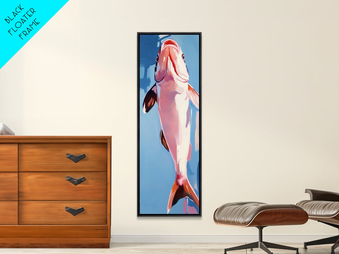 Abstract Fish, Coastal Art, Ocean Life Painting, Framed Canvas Print, Minimalist Marine Decor, Blue and Pink Aesthetic, Beach House Art