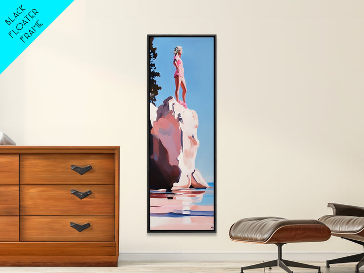 Coastal Adventure, Pink and Blue Art, Minimalist Beach Scene, Modern Landscape, Travel Inspiration, Contemporary Framed Canvas Print