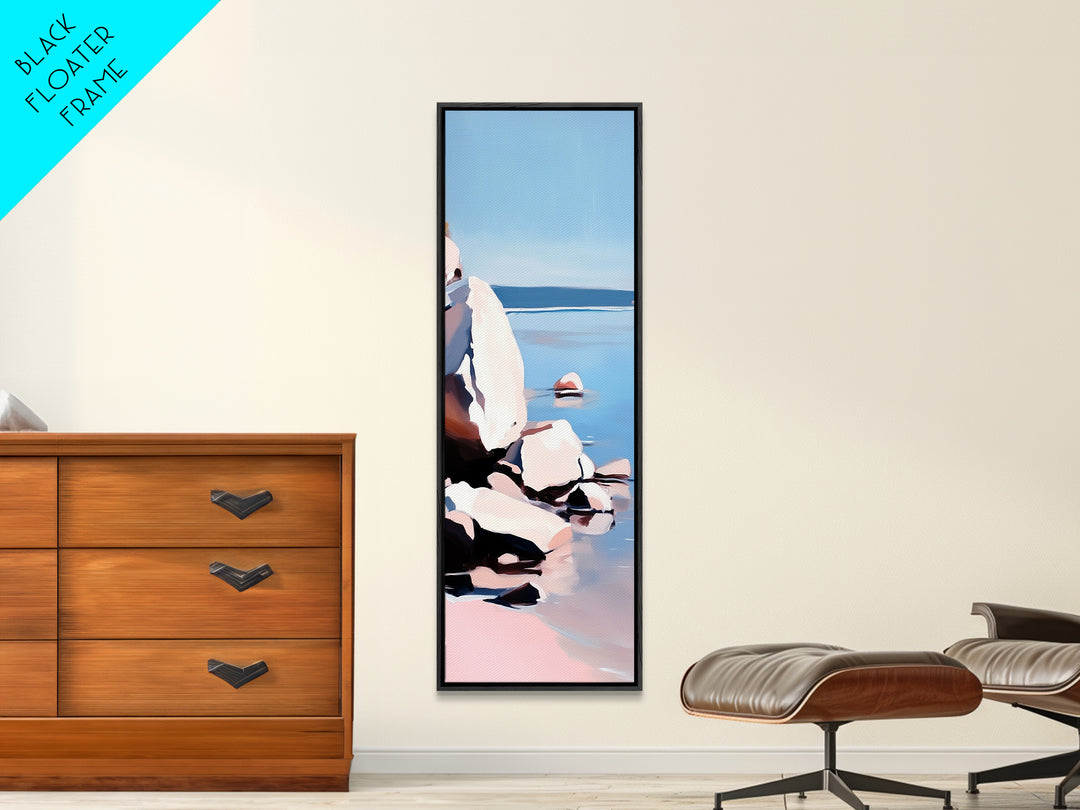 Rocky Shoreline, Minimalist Coastal Art, Nature Inspired Painting, Earthy Tones, Tranquil Beach Scene, Ocean View, Canvas Print