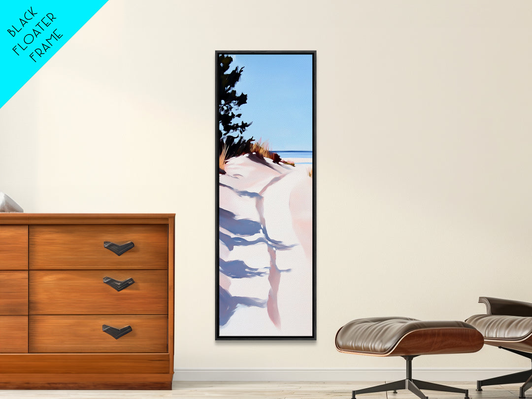 Ocean Walkway, Dunes and Shadows, Coastal Serenity, Soft Light, Framed Canvas Print, Living Room Wall Art, Beach House Decor