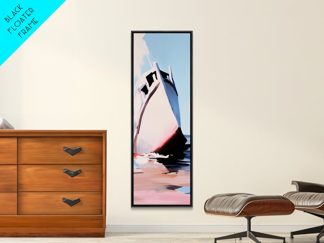 Ocean Boat, Seascape, Nautical, Modern Art, Coastal Wall Decor, Beach House, Minimalist, Blue, White, Framed Canvas Print
