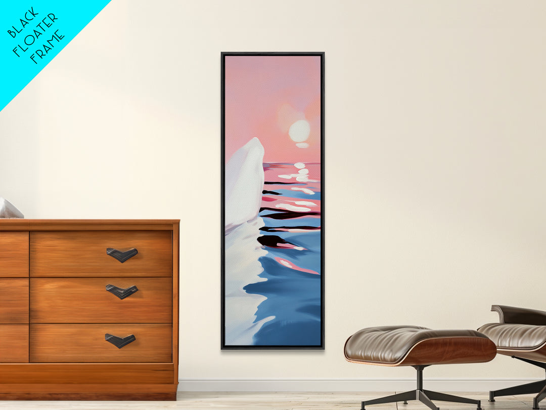 Sunset Iceberg, Arctic Landscape, Dreamy Ocean Art, Contemporary Painting, Pink Blue Decor, Bedroom Framed Canvas Print, Minimal Wall Art
