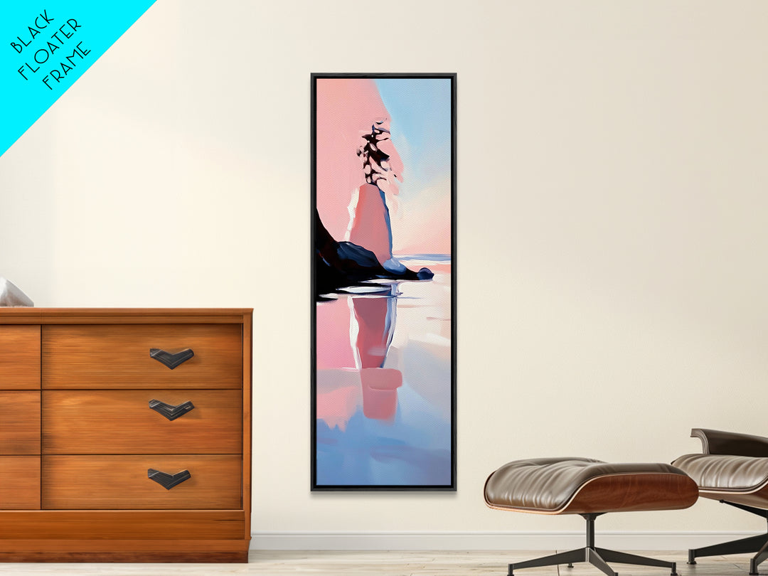 Coastal Rock, Serene Landscape, Pastel Seascape, Ocean Reflection, Boho Wall Art, Nature Inspired Framed Canvas Print, Living Room Decor