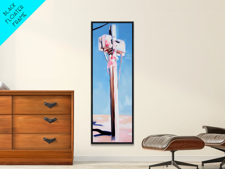 Coastal Utility Pole, Minimalist Beach Art, Soft Pastel Aesthetic, Sky Blue Landscape, Modern Wall Decor, Framed Canvas Print, Ocean Vibes