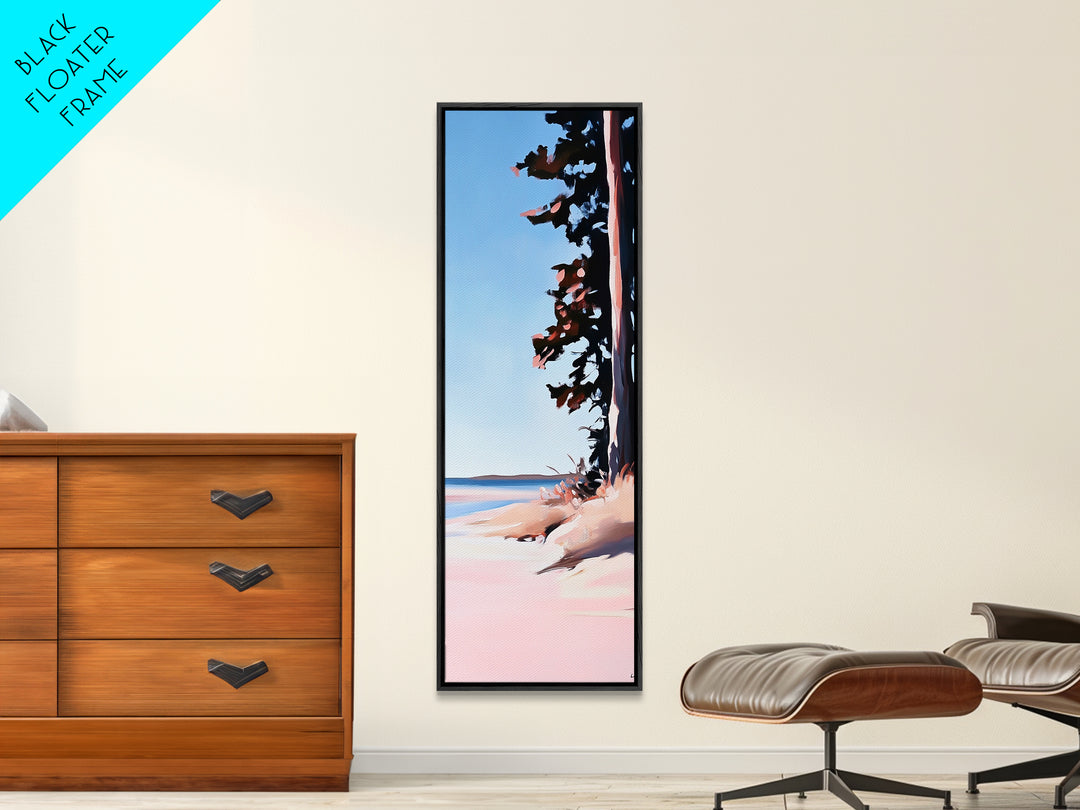 Coastal Serenity, Beach Tree Shadows, Minimalist Nature Scene, Soft Pink Blue Landscape, Tranquil Home Art, Framed Canvas Print, Ocean Escape
