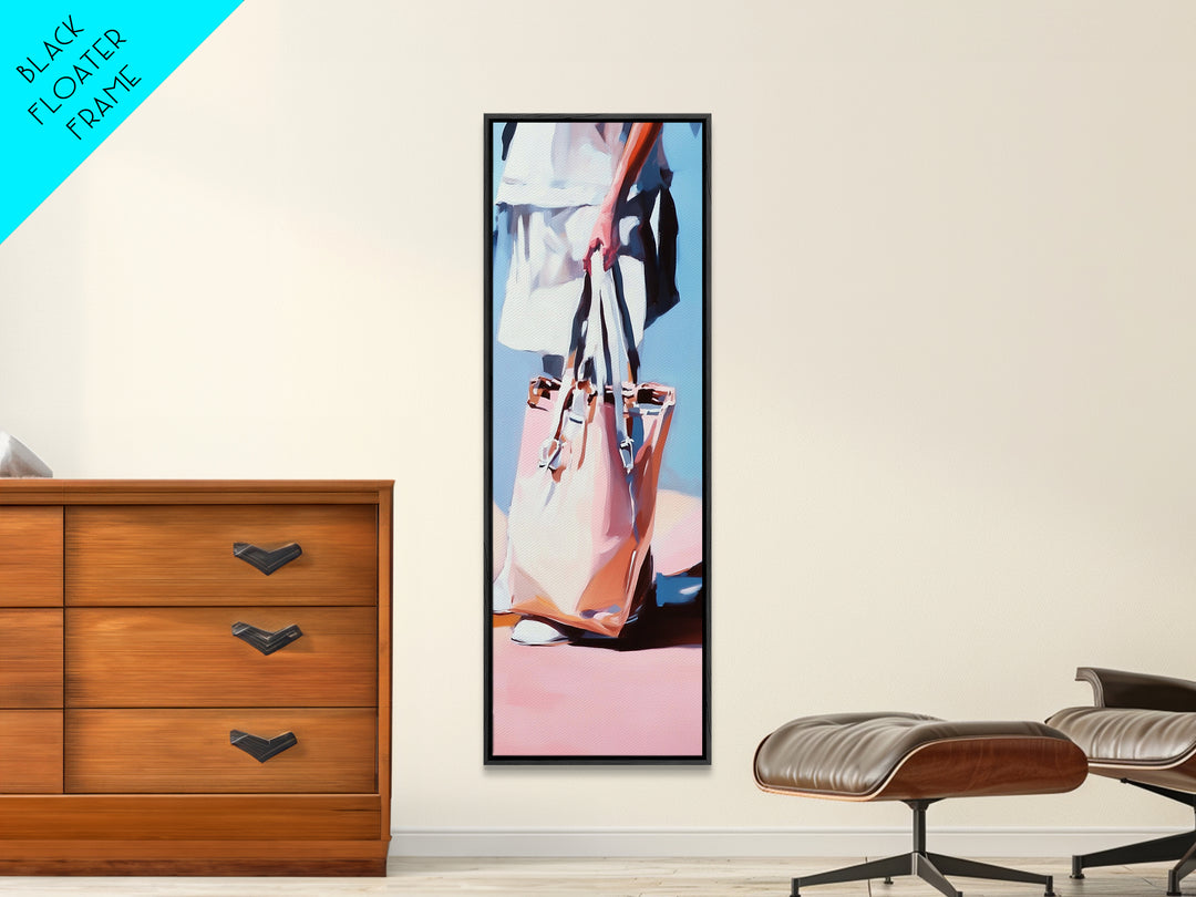 Chic Tote Bag, Fashion Illustration, Feminine Art, Pastel Minimalist Art, Modern Wall Decor, Stylish Bedroom, Framed Canvas Print