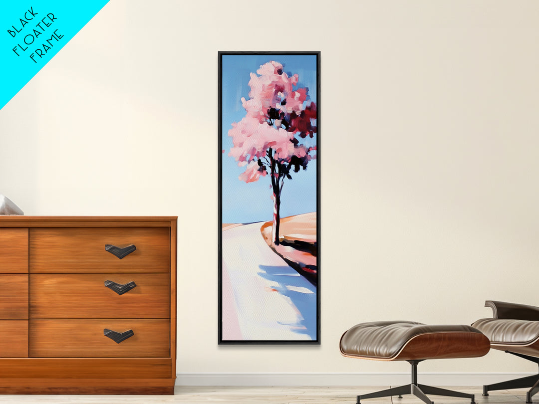 Cherry Blossom Tree, Serene Landscape Painting, Romantic Pink Art, Tranquil Nature Decor, Spring Home Decor, Framed Canvas Print