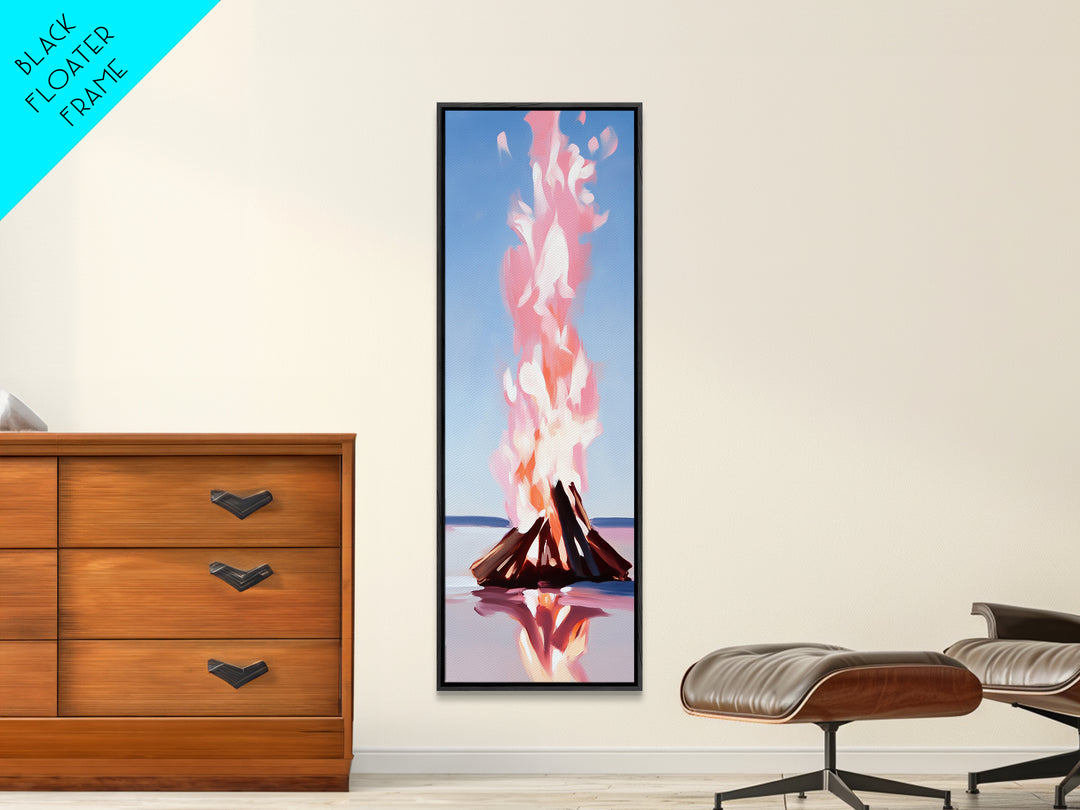 Campfire Glow, rustic cabin art, warm autumn decor, boho landscape, firelight painting, cozy home art, framed canvas print