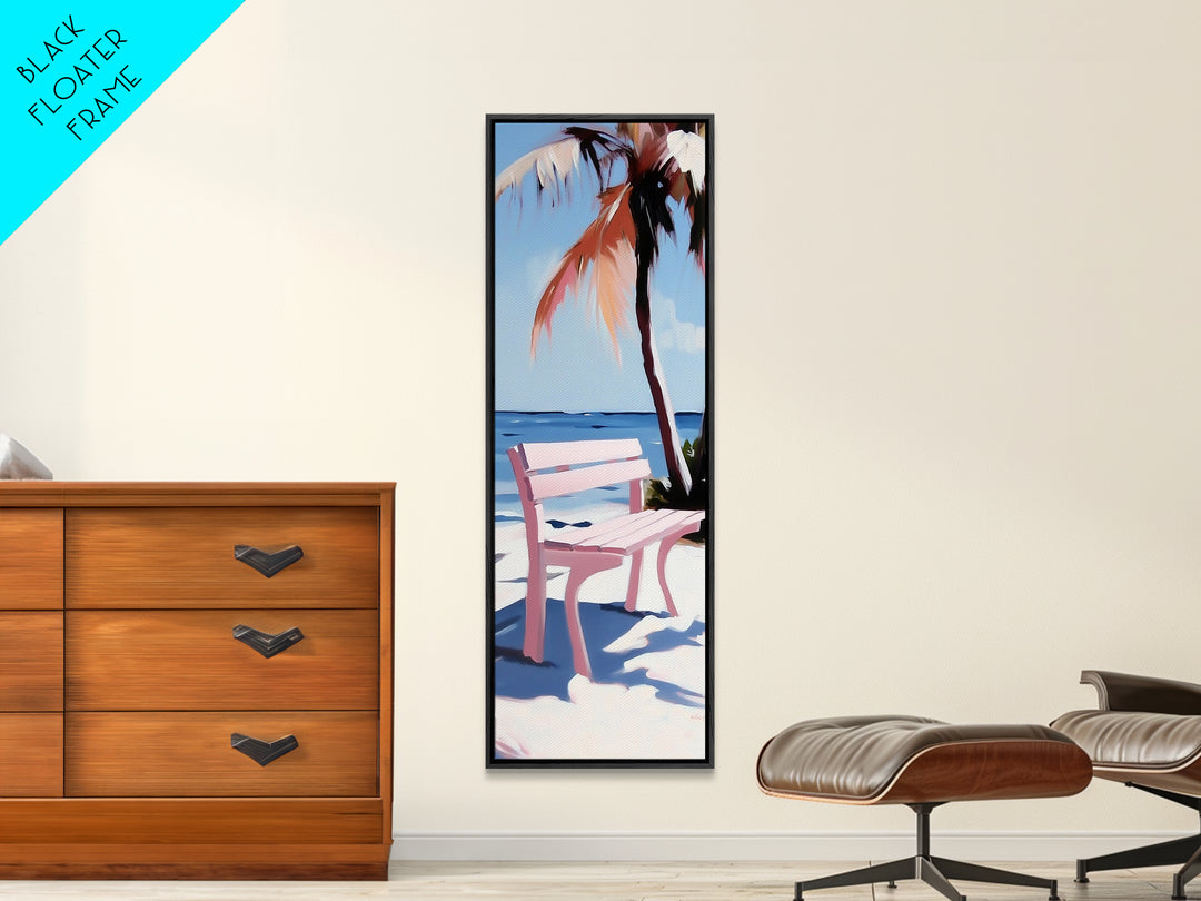 Beach Bench, Palm Tree, Ocean View, Framed Canvas Print, Coastal Wall Art, Tropical Decor, Boho Beach Art, Living Room Wall Art