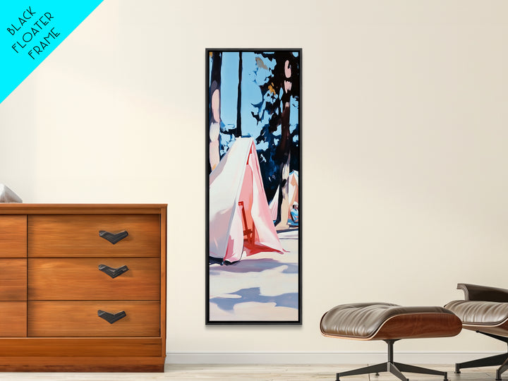 Boho Tent Camping, nature-inspired decor, adventure lover’s painting, rustic summer escape, whimsical outdoor scene, framed canvas print