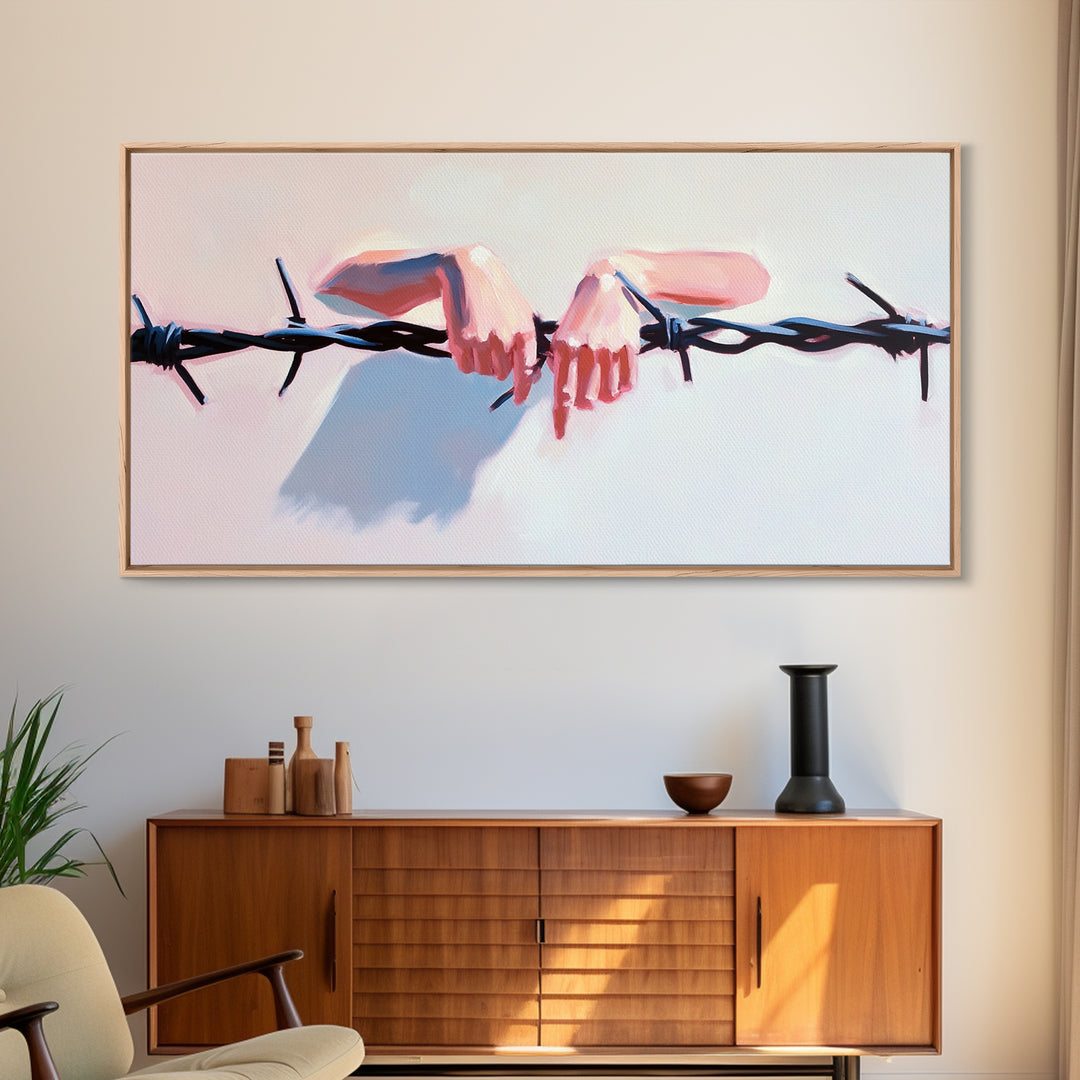 Hands on Barbed Wire, Surreal Art, Emotional Aesthetic, Modern Symbolism, Thought-Provoking Decor, Contemporary Wall Art, Canvas Print