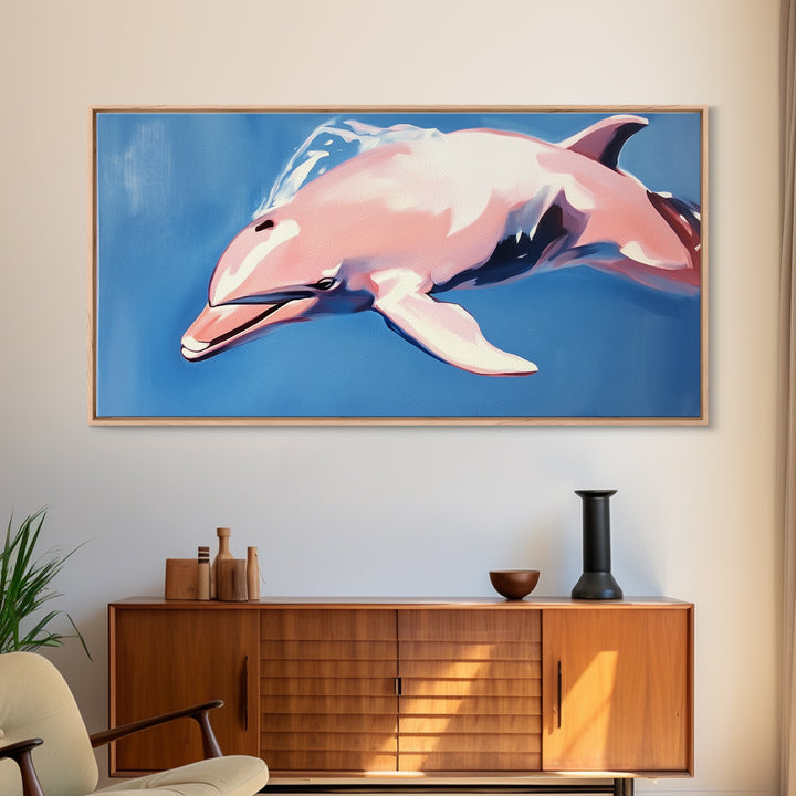 Dolphin Painting, Ocean Wall Art, Coastal Home Decor, Marine Life Artwork, Blue and Pink Art, Beach House Art, Framed Canvas Print