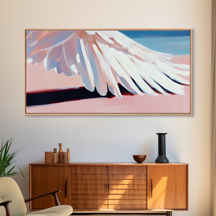 Bird Wing Painting, Abstract Nature Art, Soft Pastel Wall Art, Minimalist Feather Print, Elegant Aesthetic, Framed Canvas Print