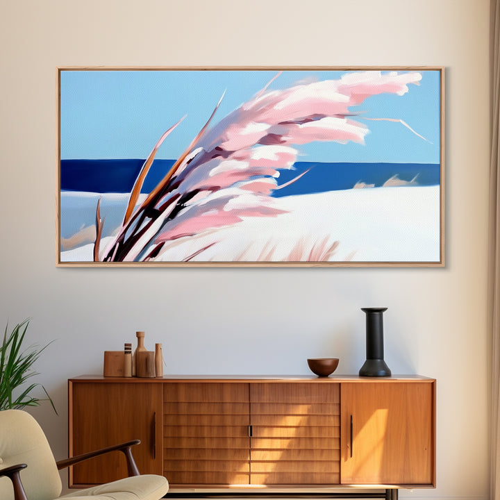 Beach Grass Art, Coastal Sand Dunes, Ocean Breeze Painting, Seaside Nature Print, Nautical Wall Decor, Framed Canvas Print