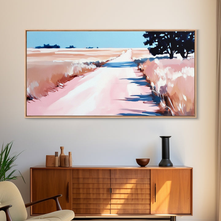 Countryside Path Art, Rustic Landscape Print, Minimalist Nature Painting, Warm Autumn Decor, Serene Scenic Artwork, Framed Canvas Print