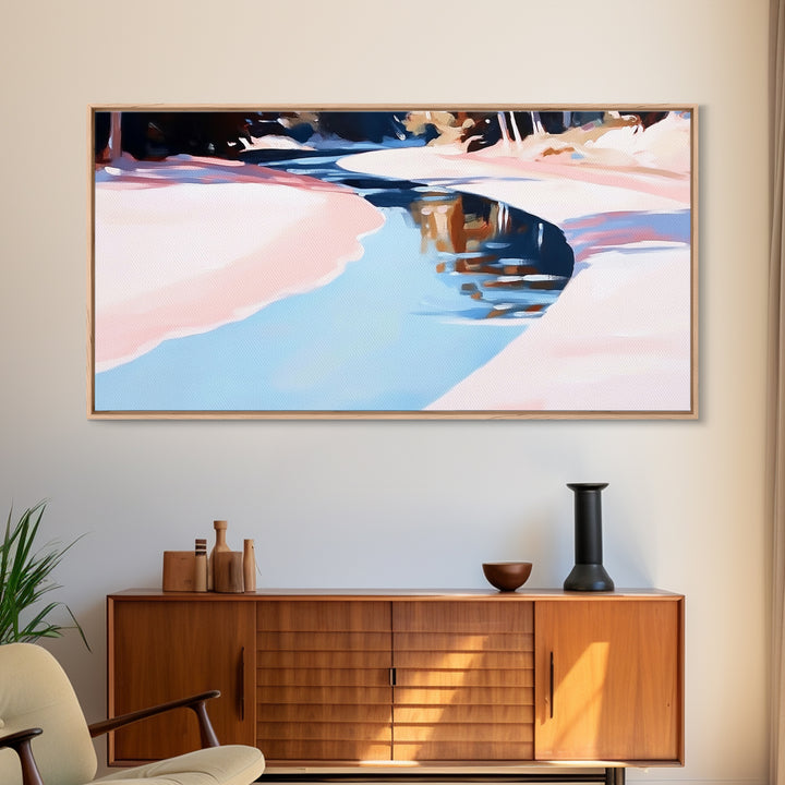 River Reflection, Serene Water Scene, Tranquil Nature Wall Art, Soft Pastel Landscape, Rustic Wilderness Decor, Framed Canvas Print