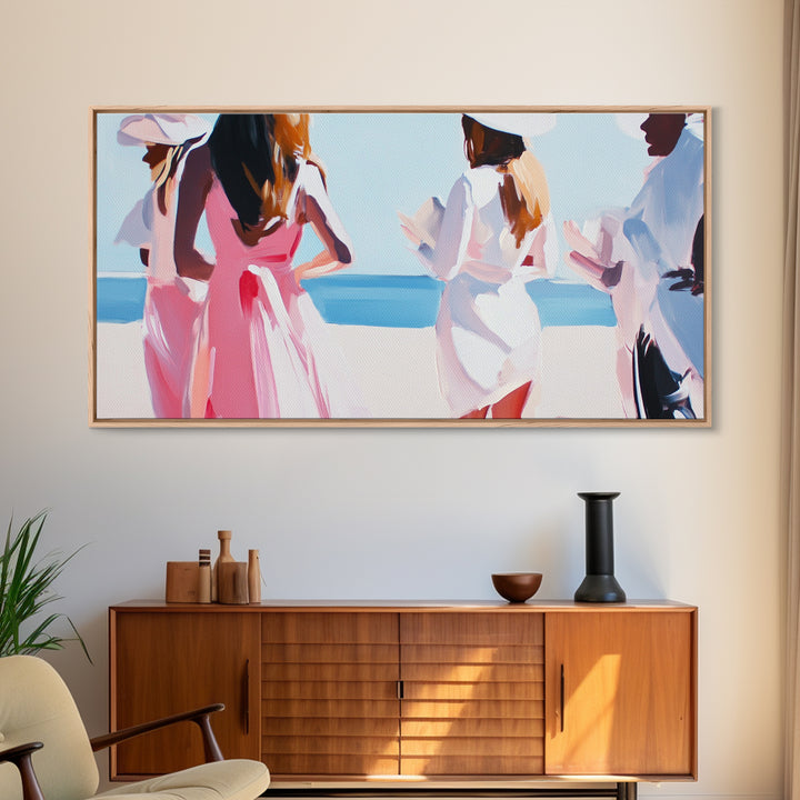 Beach Wedding Art, Elegant Women Painting, Soft Pastel Coastal Decor, Feminine Ocean Scene, Chic Minimalist Aesthetic, Canvas Print