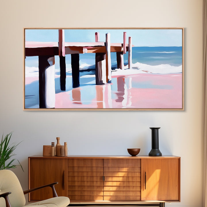 Beach Pier Painting, Coastal Ocean Scene, Nautical Seascape Art, Minimalist Modern Aesthetic, Relaxing Summer Wall Decor, Canvas Print