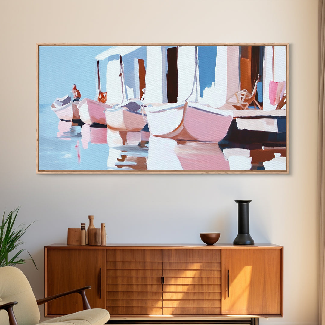 Docked Boats, Nautical Coastal Art, Mediterranean Harbor Scene, Framed Canvas Print, Beach House Wall Decor, Nautical Home Art