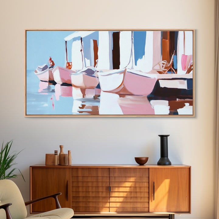 Docked Boats, Nautical Coastal Art, Mediterranean Harbor Scene, Framed Canvas Print, Beach House Wall Decor, Nautical Home Art