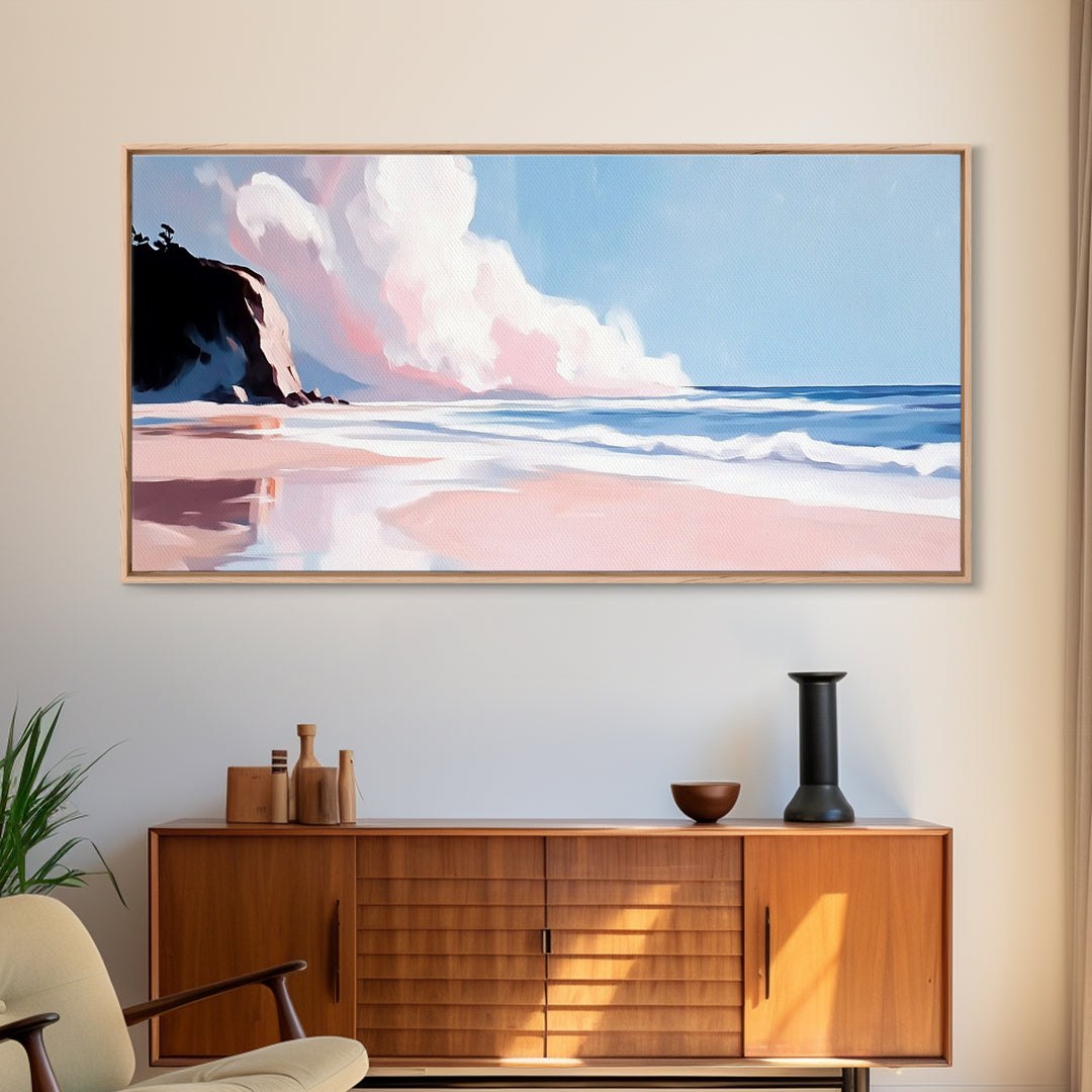 Ocean Cliff, Dreamy Coastal Landscape, Pastel Seascape Art, Framed Canvas Print, Beach House Wall Decor, Relaxing Ocean Scene