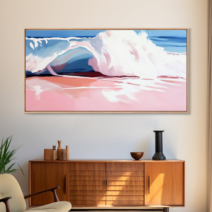 Ocean Wave, Soft Pink, Beach Scene, Canvas Print, Coastal Wall Art, Modern Home Decor, Nautical Aesthetic, Tranquil Bedroom Wall Art