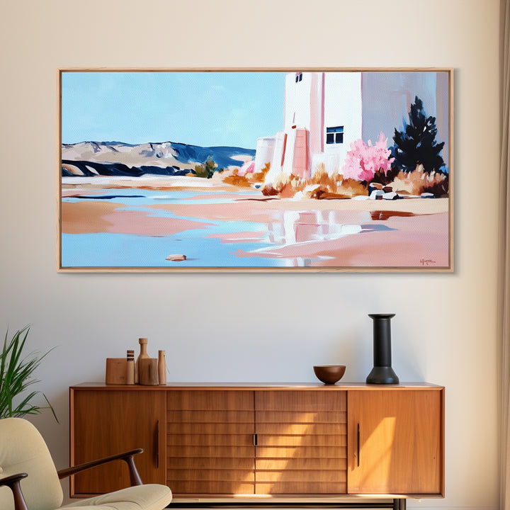 Desert Landscape, White House, Pink Trees, Canvas Print, Modern Southwest Art, Living Room Wall Art, Warm Earthy Tones, Minimalist Nature