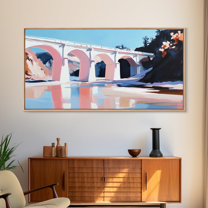 Bridge Reflection, Scenic River, Pastel Landscape, Canvas Print, Architecture Art, Living Room Wall Art, Minimalist Water Scene, Travel Art