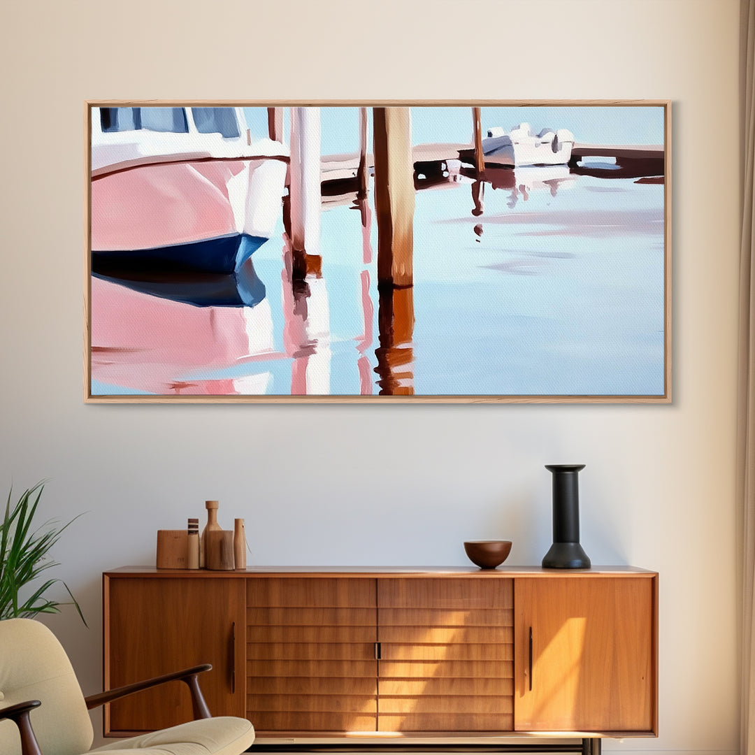 Docked Boats, Waterfront Scene, Canvas Print, Nautical Home Decor, Living Room Wall Art, Soft Pastel Aesthetic, Minimalist Seaside