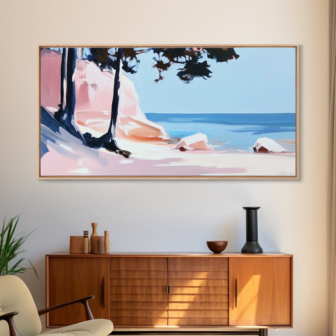 Beach Cliffs, Ocean Landscape, Coastal Art, Modern Wall Decor, Living Room Art, Framed Canvas Print, Minimalist Seascape, Pastel Artwork