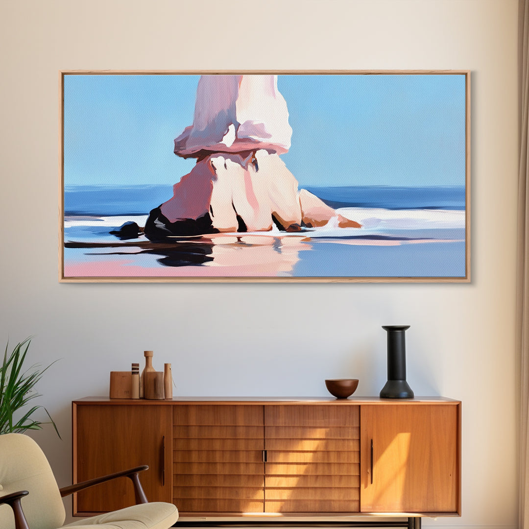 Ocean Rock, Coastal Seascape, Beach Art, Canvas Print, Nature Wall Decor, Blue and Pink Landscape, Living Room Painting, Modern Art