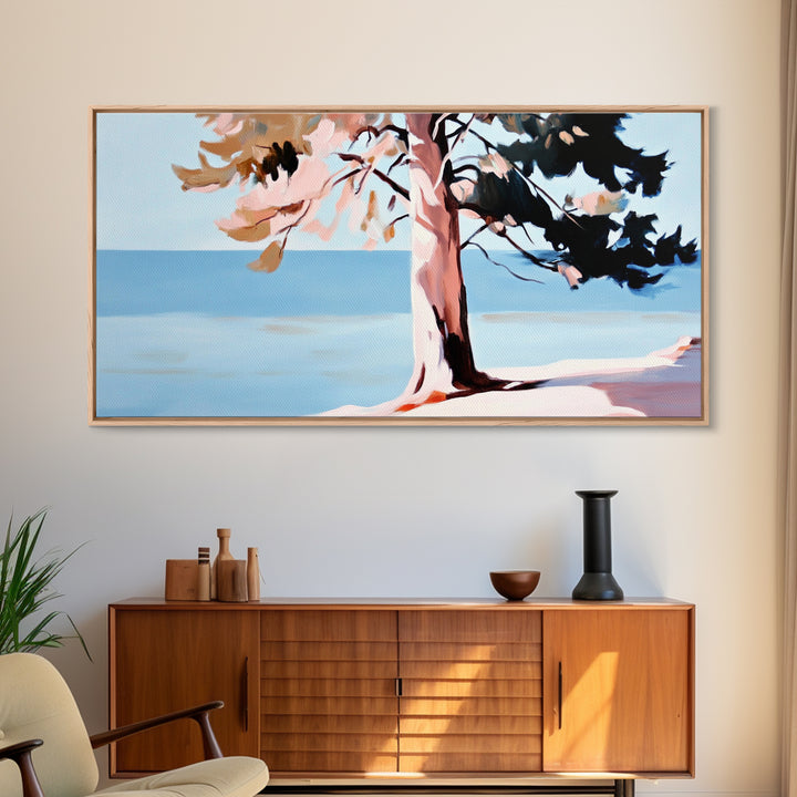 Coastal Tree, Ocean Breeze, Nature Landscape, Serene Scene, Framed Canvas Print, Beach House Wall Art, Relaxing Home Decor, Minimalist