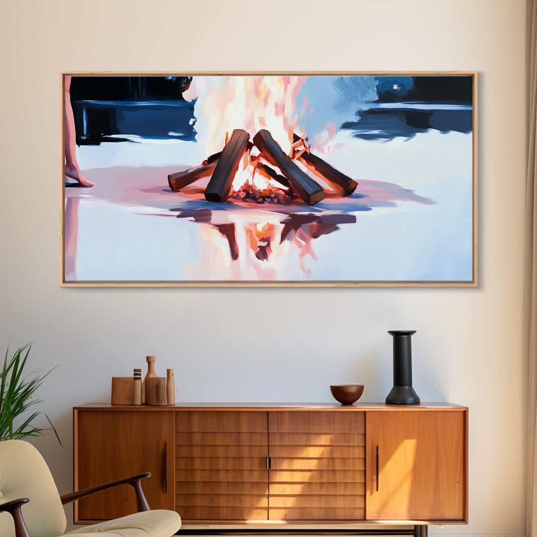 Cozy Bonfire, Fire Reflection, Campfire Glow, Autumn Night, Framed Canvas Print, Cabin Wall Art, Rustic Decor, Warm Atmosphere, Fall Art
