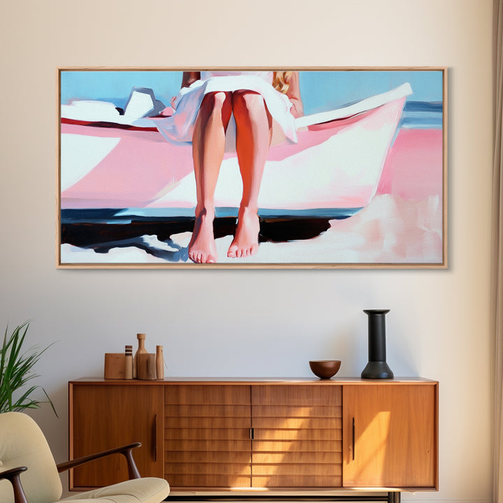 Barefoot on Boat, Coastal Lifestyle, Serene Beach Art, Nautical Aesthetic, Minimalist Wall Decor, Pastel Home Art, Canvas Print